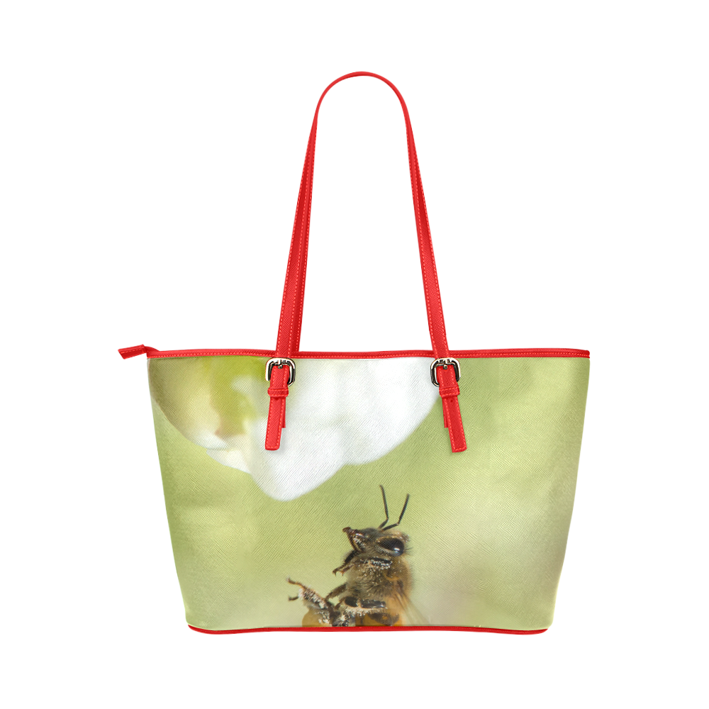 Macro of Bee in Flight Leather Tote Bag/Small (Model 1651)