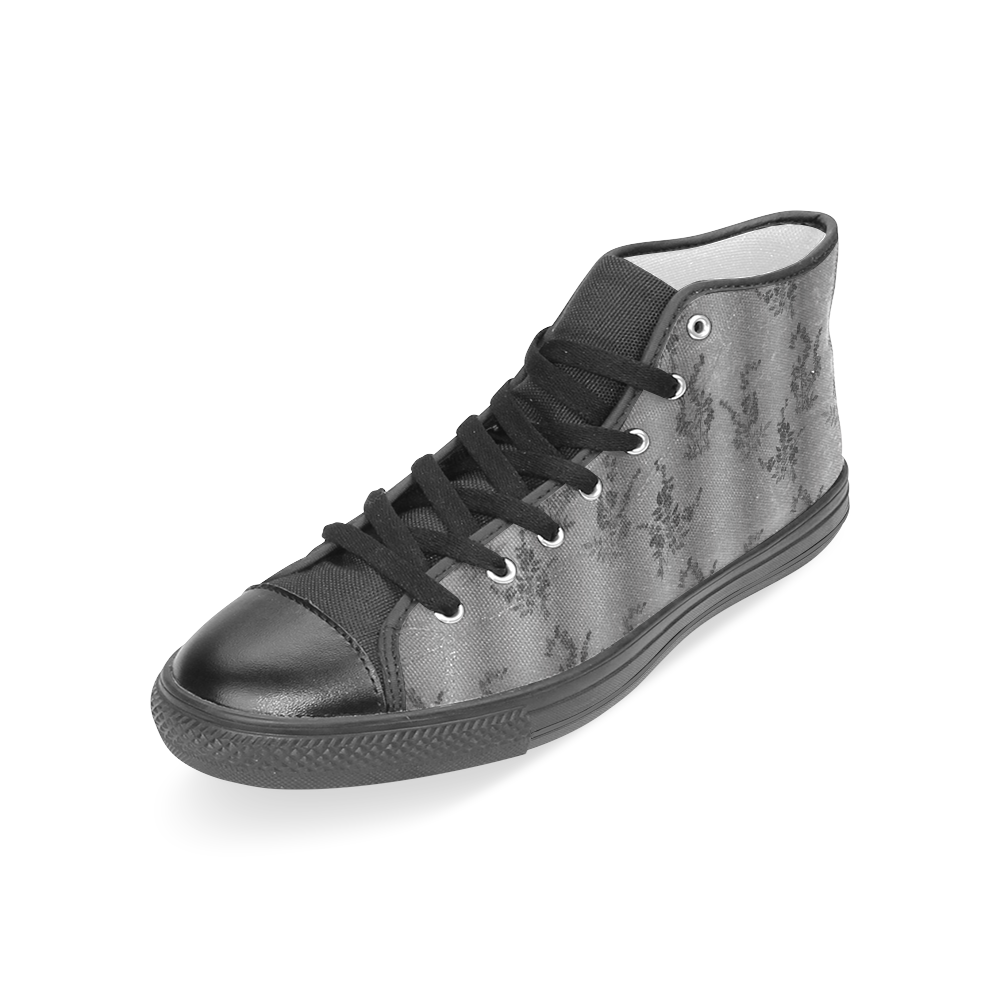 Black Flowers on Gray Women's Classic High Top Canvas Shoes (Model 017)