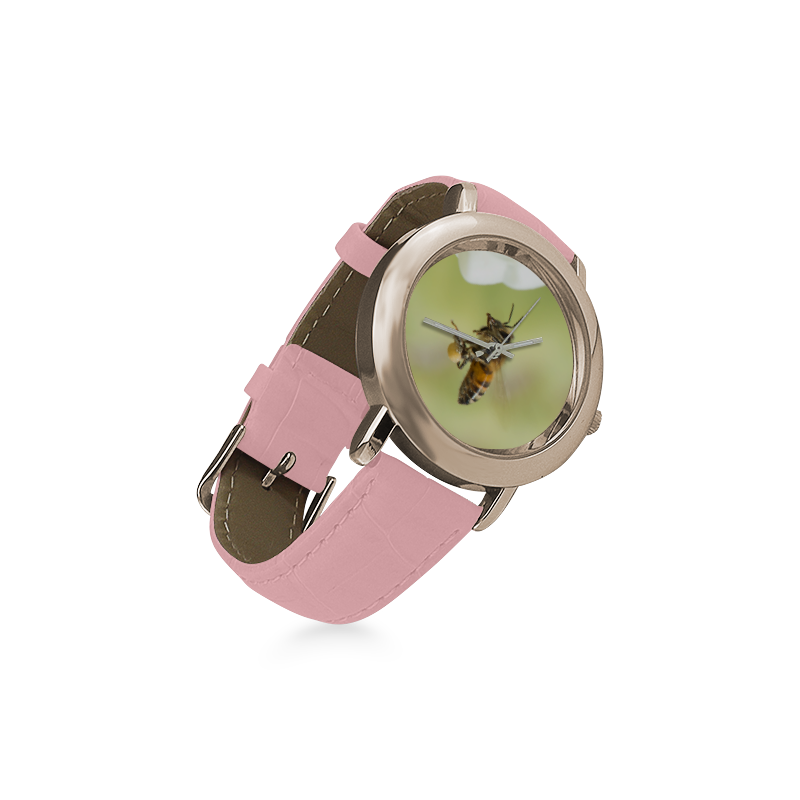 Macro of Bee in Flight Women's Rose Gold Leather Strap Watch(Model 201)