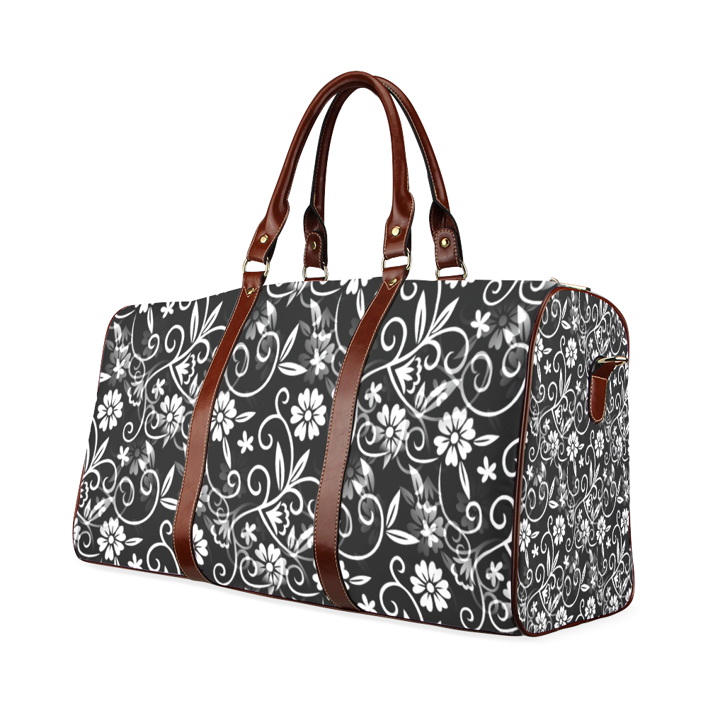 Black N White Floral Waterproof Travel Bag/Large (Model 1639)