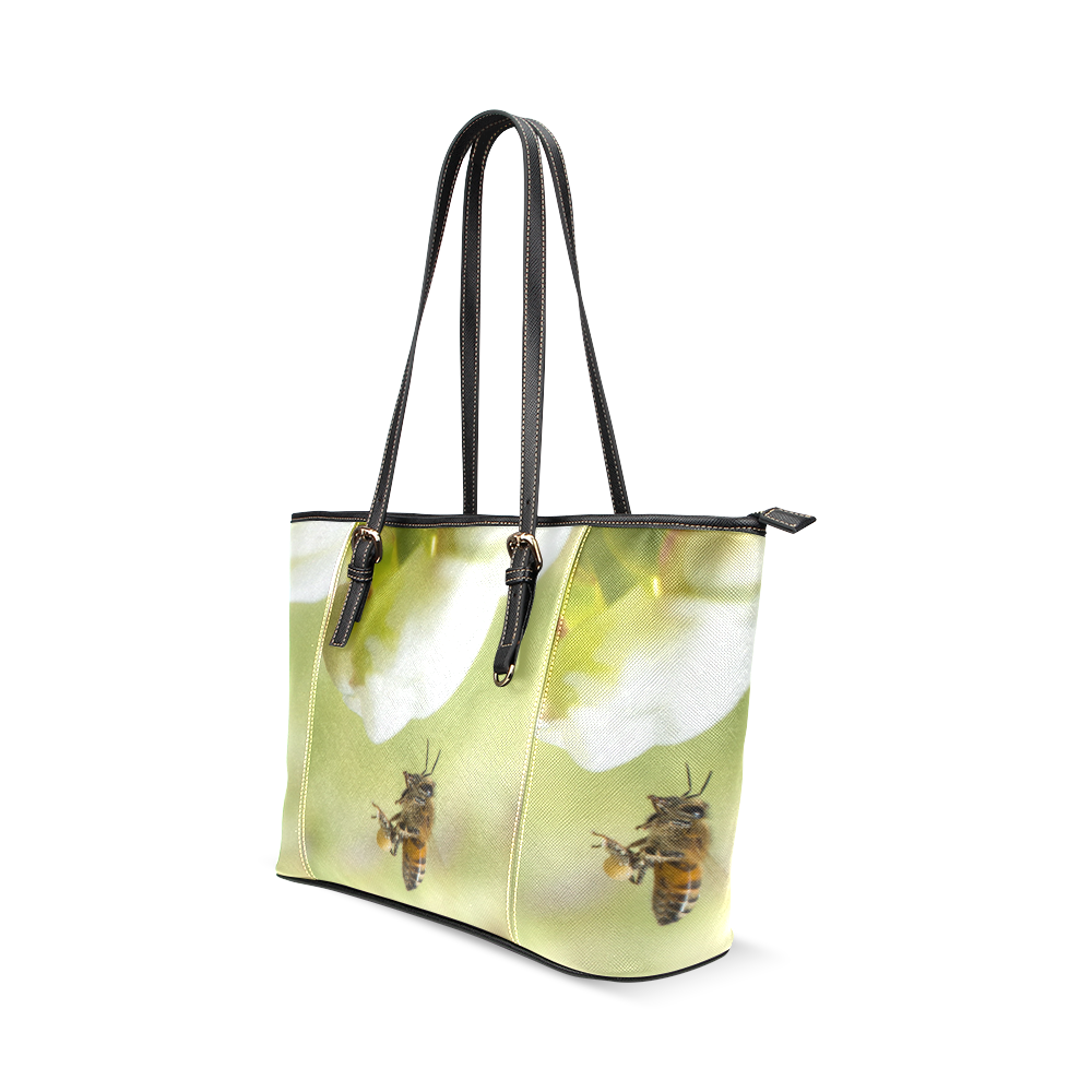 Macro of Bee in Flight Leather Tote Bag/Small (Model 1640)