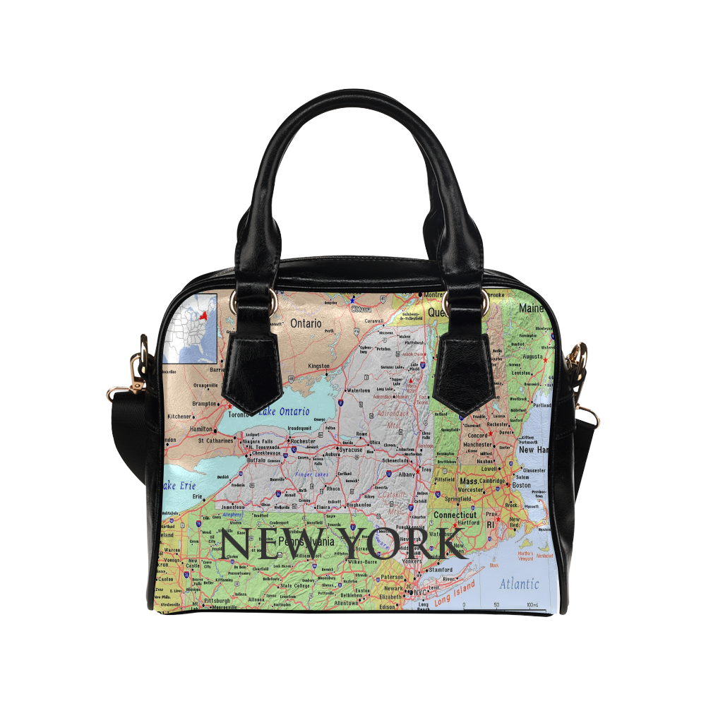 New York Cities And State Map Shoulder Handbag (Model 1634)