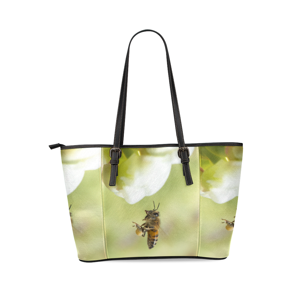 Macro of Bee in Flight Leather Tote Bag/Small (Model 1640)