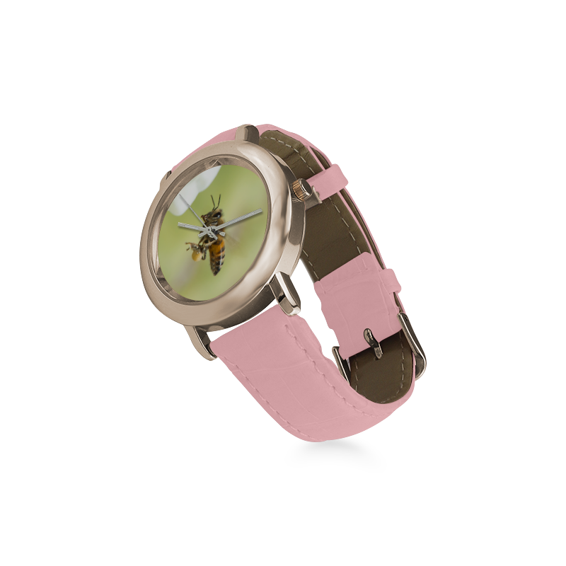 Macro of Bee in Flight Women's Rose Gold Leather Strap Watch(Model 201)