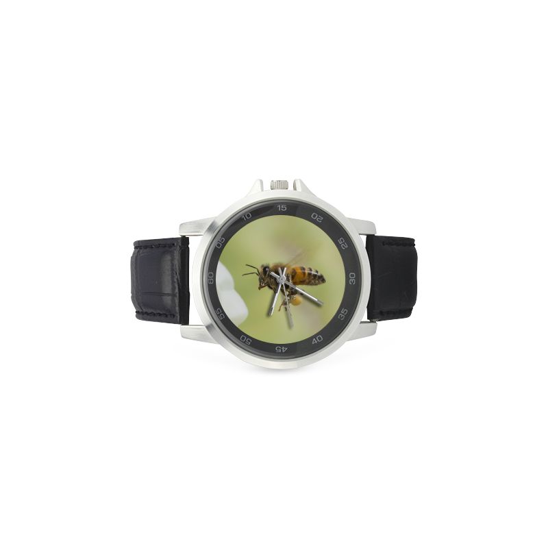Macro of Bee in Flight Unisex Stainless Steel Leather Strap Watch(Model 202)