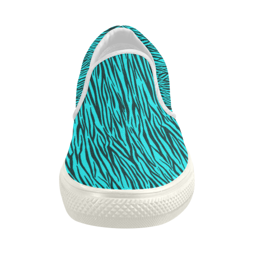 Turquoise Zebra Stripes Women's Slip-on Canvas Shoes (Model 019)