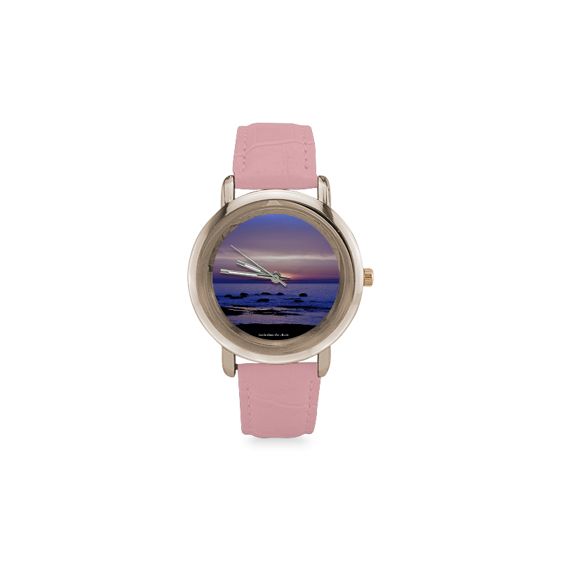 Blue and Purple Sunset Women's Rose Gold Leather Strap Watch(Model 201)