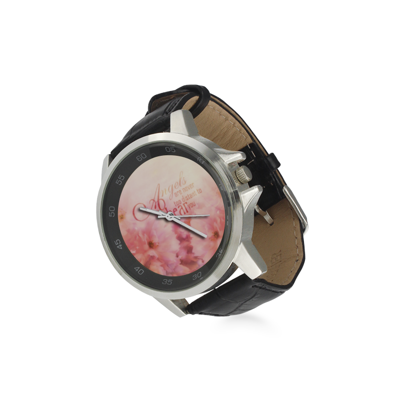 Pink Cherry Blossom for Angels Unisex Stainless Steel Leather Strap Watch(Model 202)