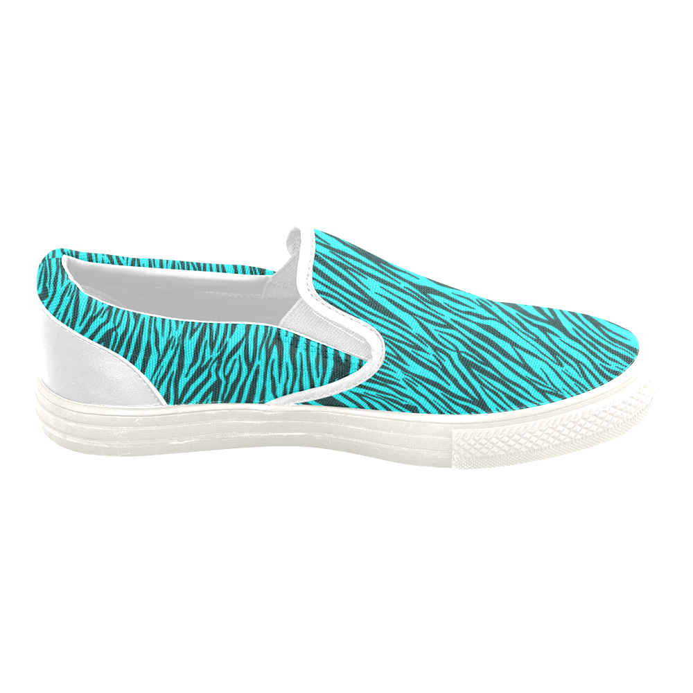 Turquoise Zebra Stripes Women's Unusual Slip-on Canvas Shoes (Model 019)