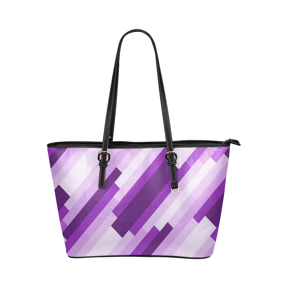 Shades Of Purple Diagonal Stripes Leather Tote Bag/Small (Model 1651)