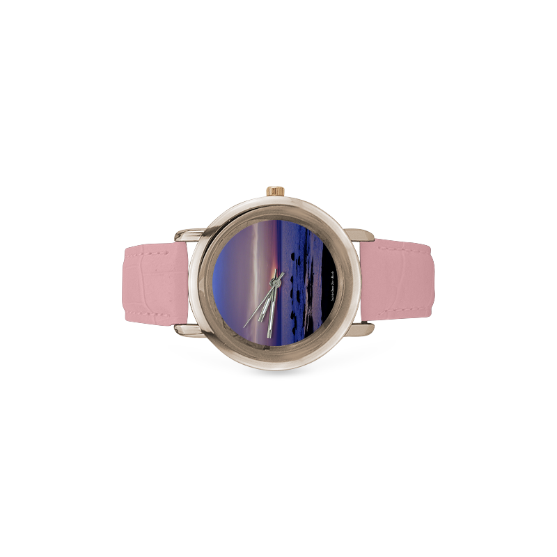 Blue and Purple Sunset Women's Rose Gold Leather Strap Watch(Model 201)
