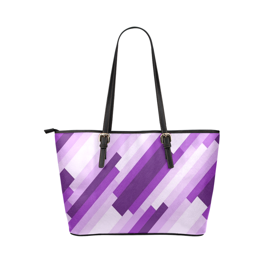 Shades Of Purple Diagonal Stripes Leather Tote Bag/Large (Model 1651)