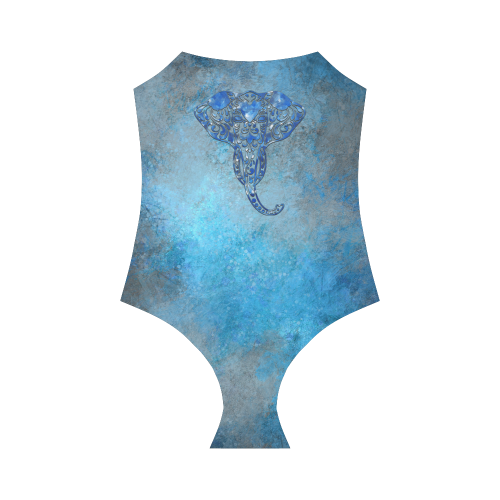 A blue watercolor elephant portrait in denim look Strap Swimsuit ( Model S05)