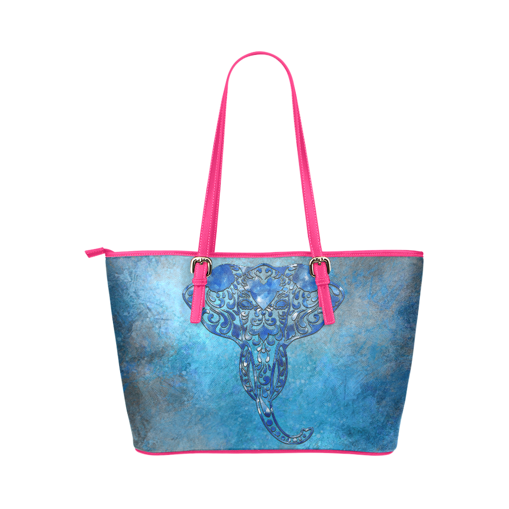 A blue watercolor elephant portrait in denim look Leather Tote Bag/Large (Model 1651)