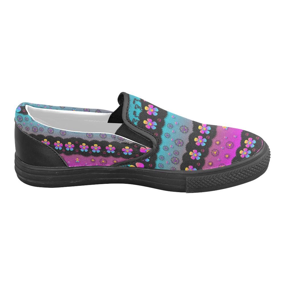 Rainbow  big flowers in peace for love and freedom Women's Unusual Slip-on Canvas Shoes (Model 019)