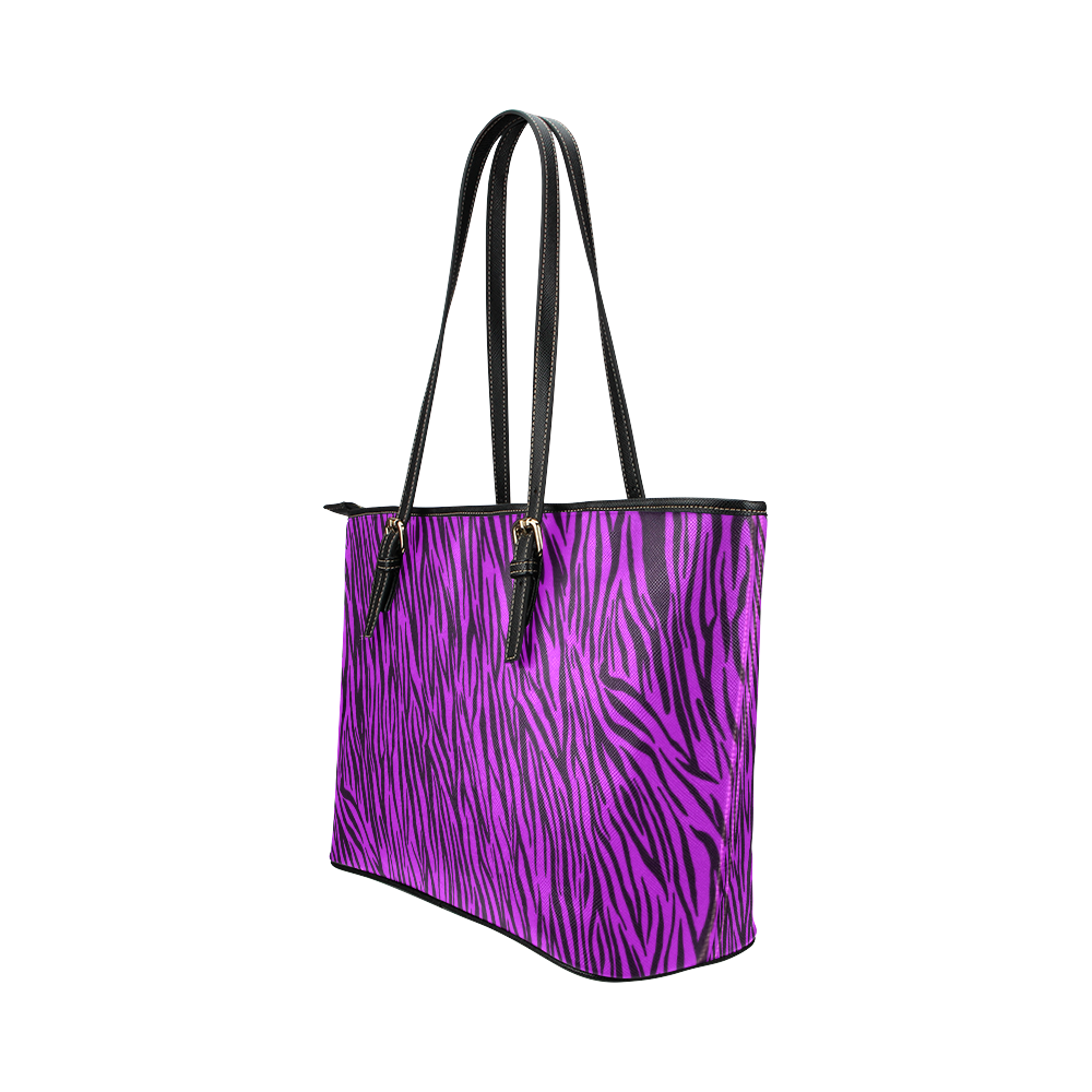 Purple Zebra Stripes Animal Print Fur Leather Tote Bag/Large (Model 1651)
