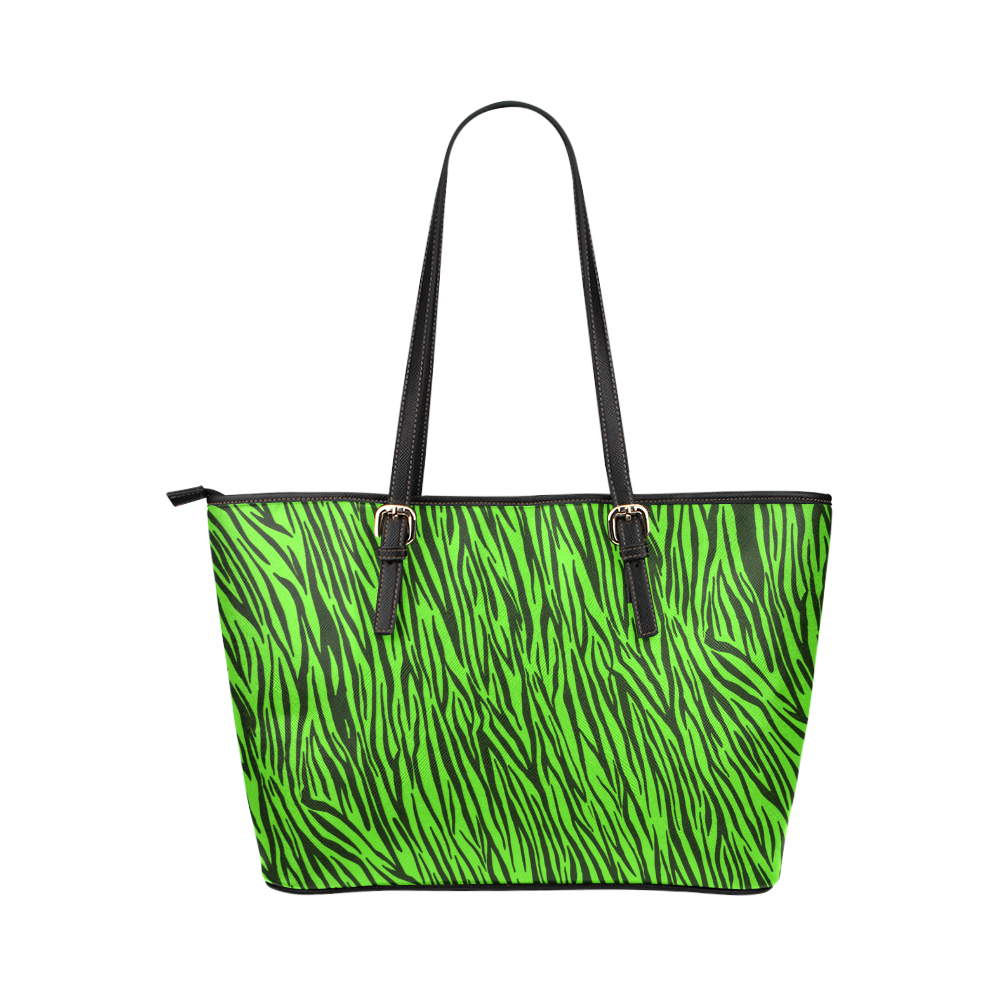 Green Zebra Stripes Animal Print Fur Leather Tote Bag/Large (Model 1651)