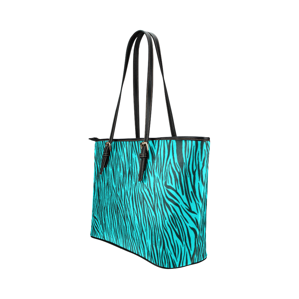 Turquoise Zebra Stripes Animal Print Fur Leather Tote Bag/Small (Model 1651)