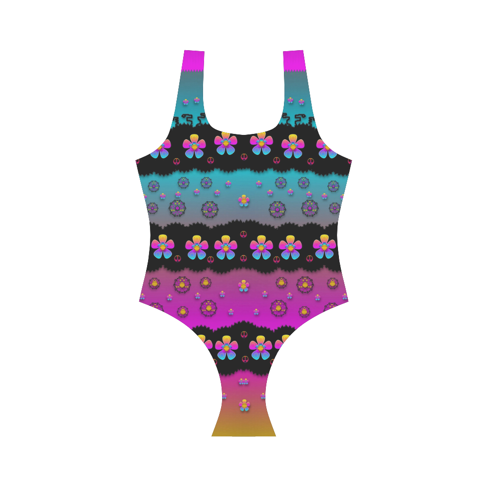 Rainbow  big flowers in peace for love and freedom Vest One Piece Swimsuit (Model S04)