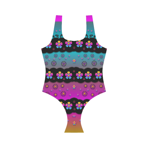 Rainbow  big flowers in peace for love and freedom Vest One Piece Swimsuit (Model S04)