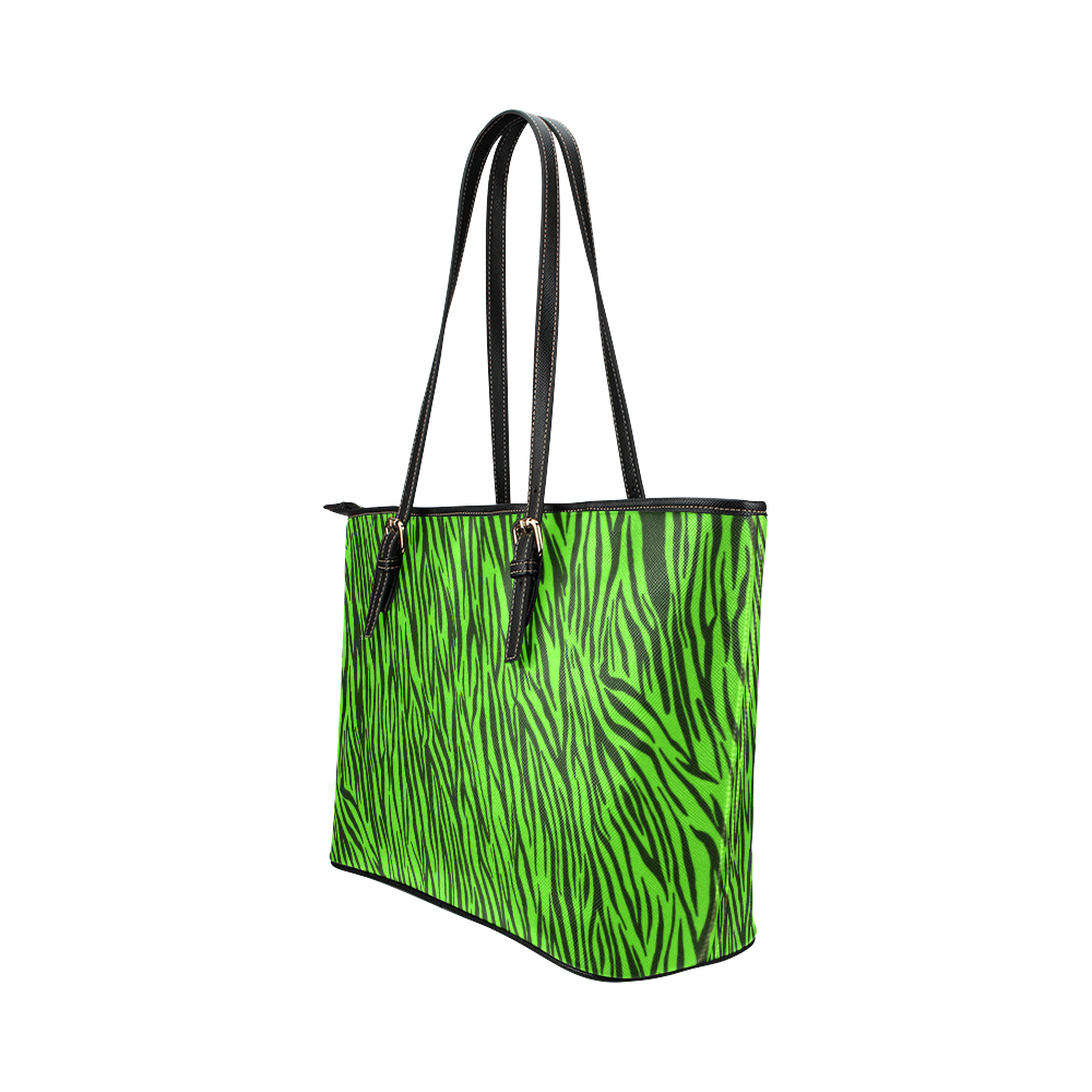 Green Zebra Stripes Animal Print Fur Leather Tote Bag/Large (Model 1651)