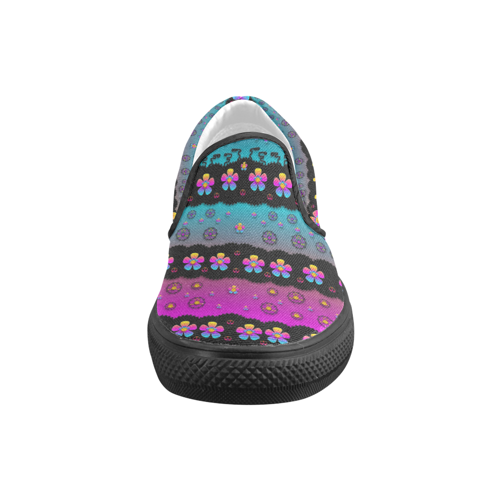 Rainbow  big flowers in peace for love and freedom Women's Unusual Slip-on Canvas Shoes (Model 019)