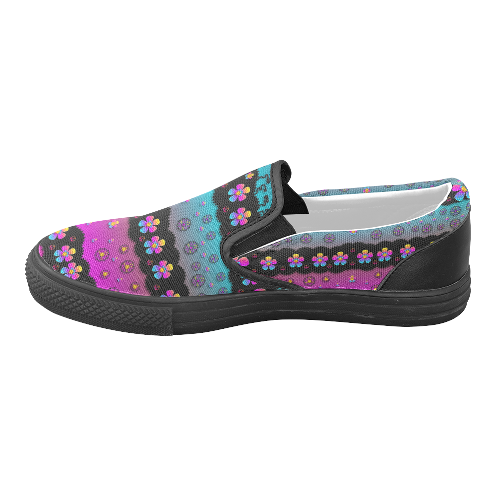 Rainbow  big flowers in peace for love and freedom Women's Unusual Slip-on Canvas Shoes (Model 019)