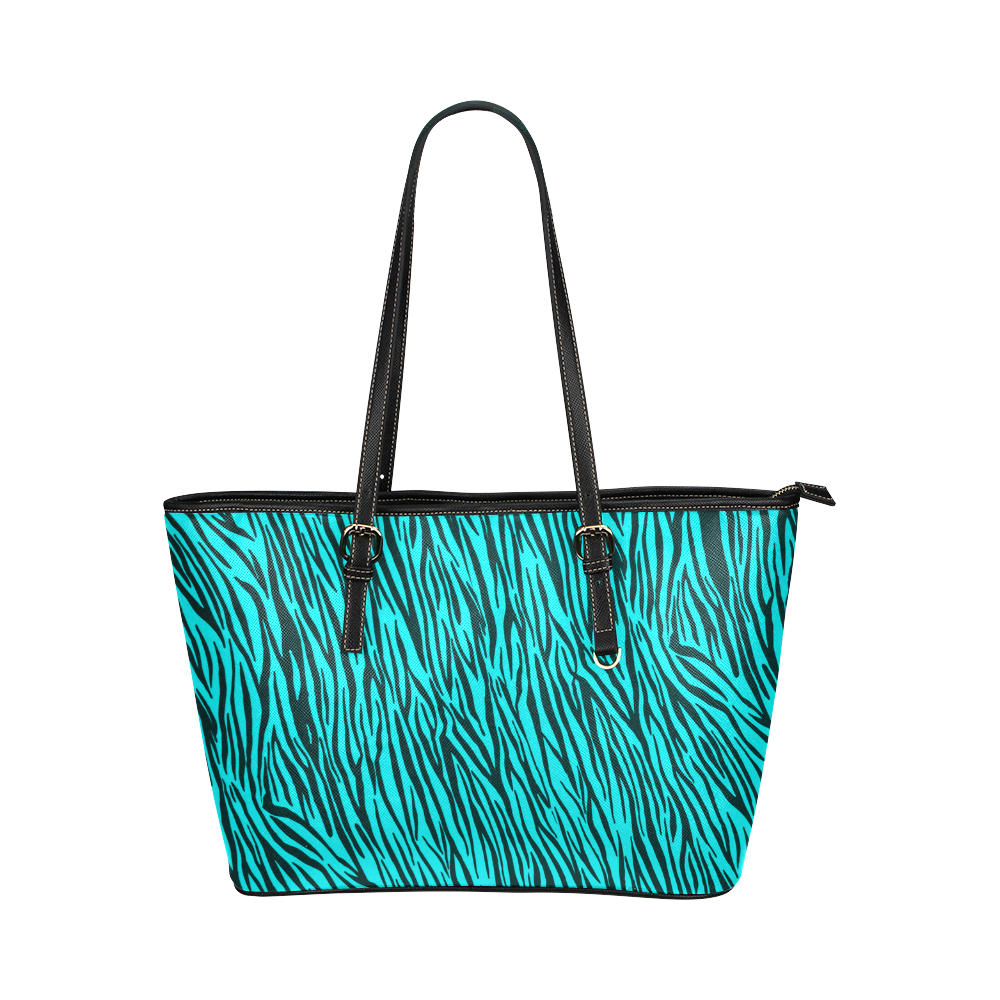 Turquoise Zebra Stripes Animal Print Fur Leather Tote Bag/Large (Model 1651)