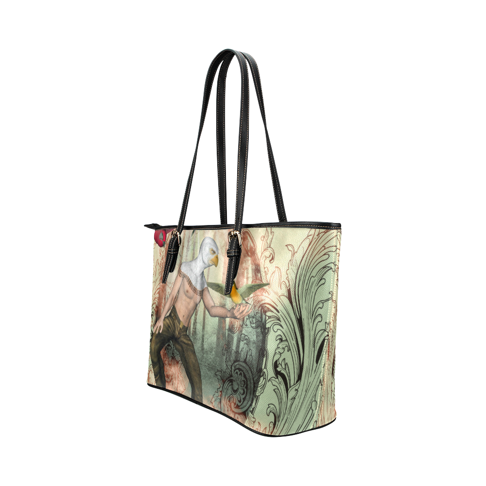 The birdman with birds Leather Tote Bag/Large (Model 1651)