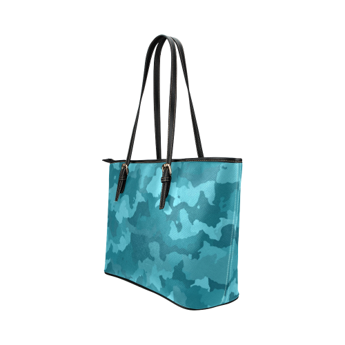 camouflage teal Leather Tote Bag/Large (Model 1651)