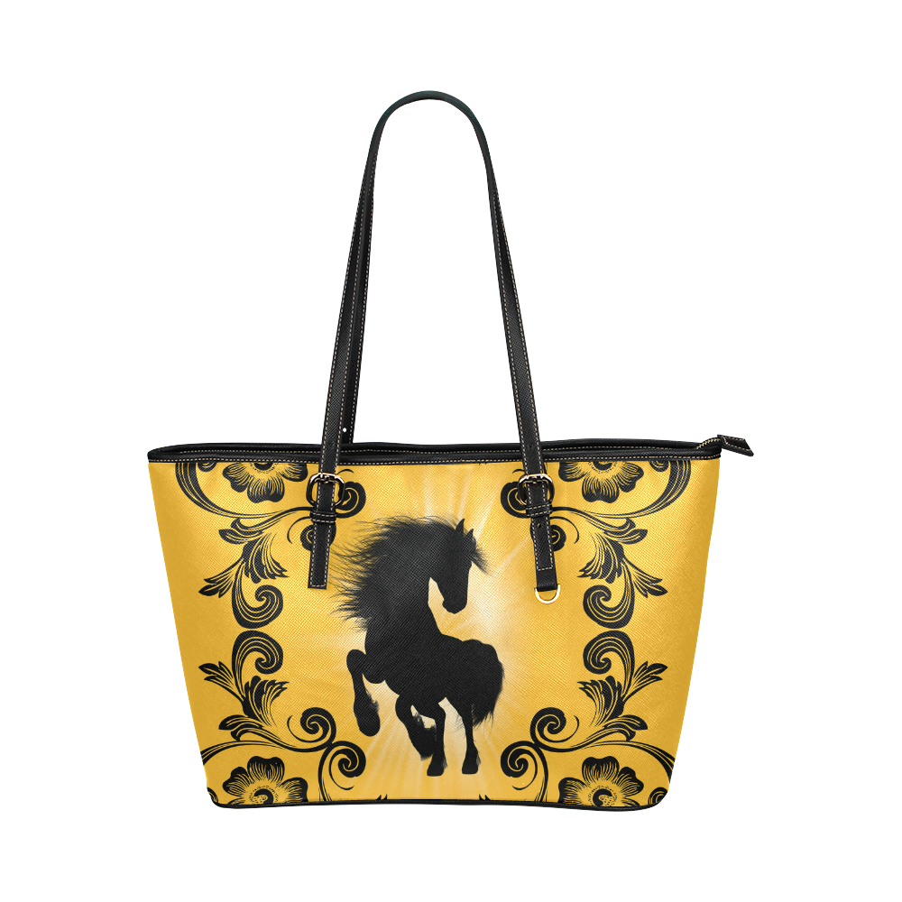 Black horse silhouette Leather Tote Bag/Large (Model 1651)