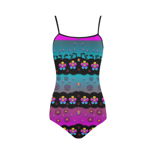 Rainbow  big flowers in peace for love and freedom Strap Swimsuit ( Model S05)