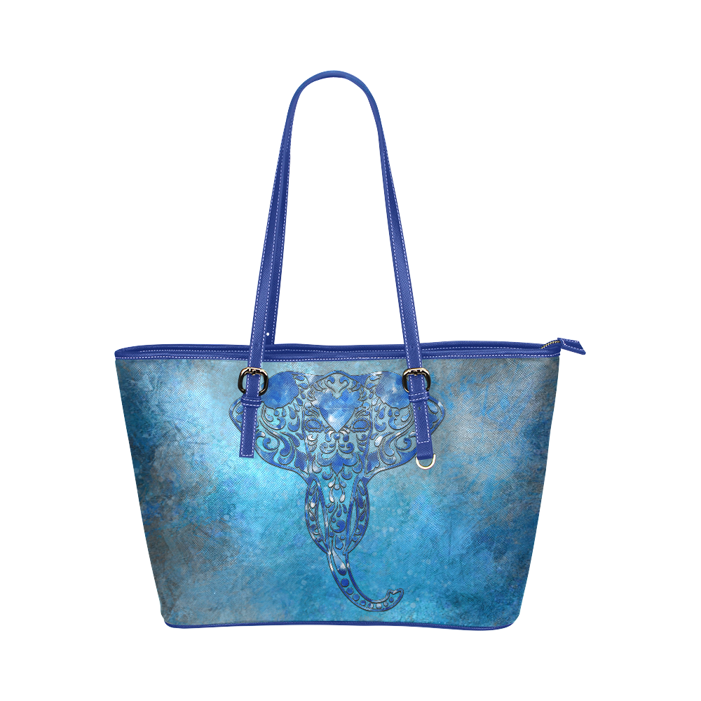 A blue watercolor elephant portrait in denim look Leather Tote Bag/Small (Model 1651)