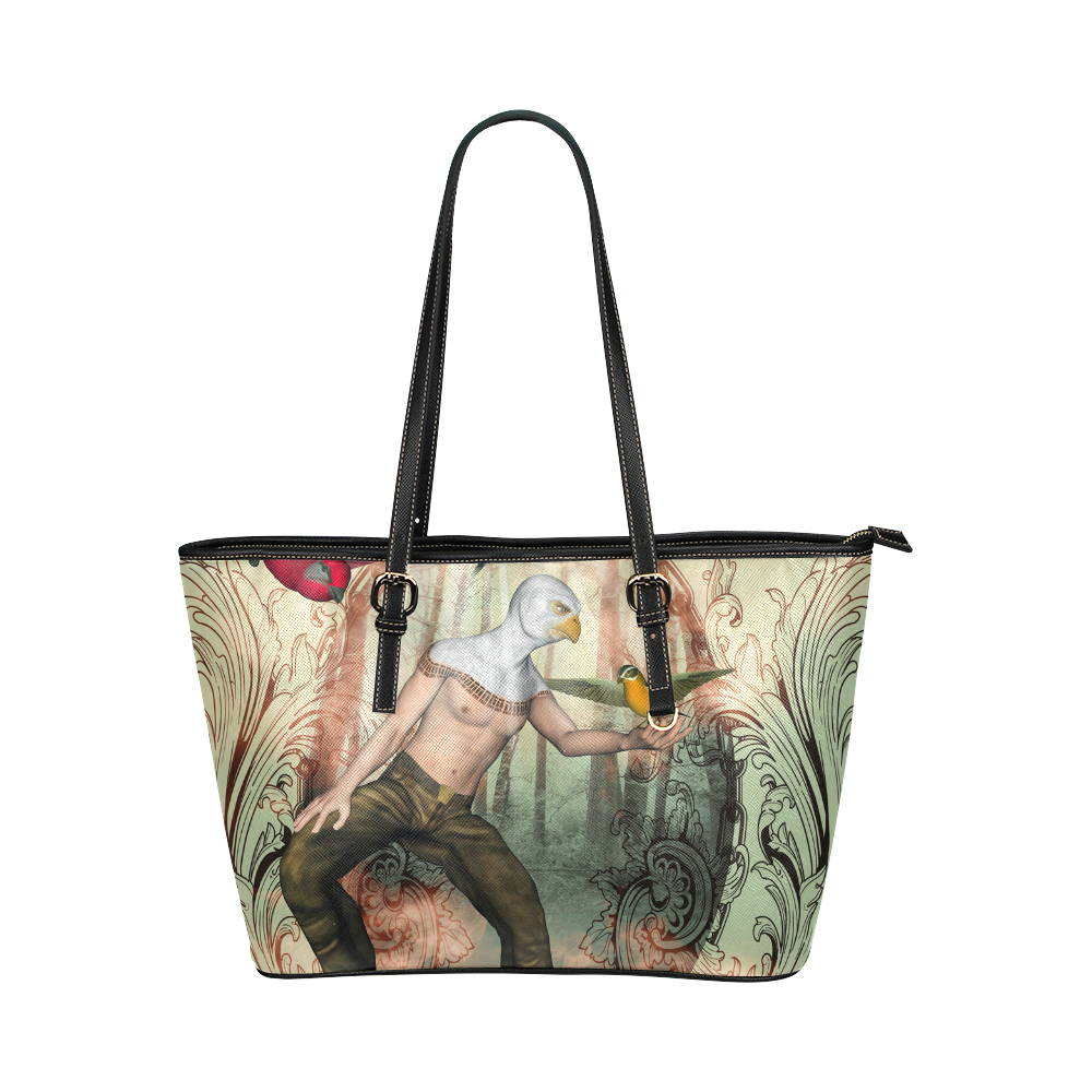 The birdman with birds Leather Tote Bag/Small (Model 1651)