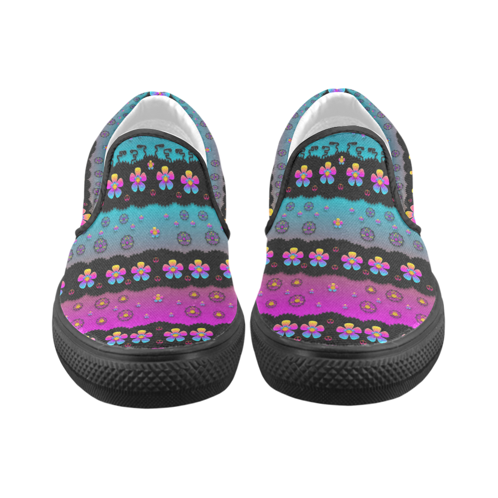 Rainbow  big flowers in peace for love and freedom Women's Unusual Slip-on Canvas Shoes (Model 019)