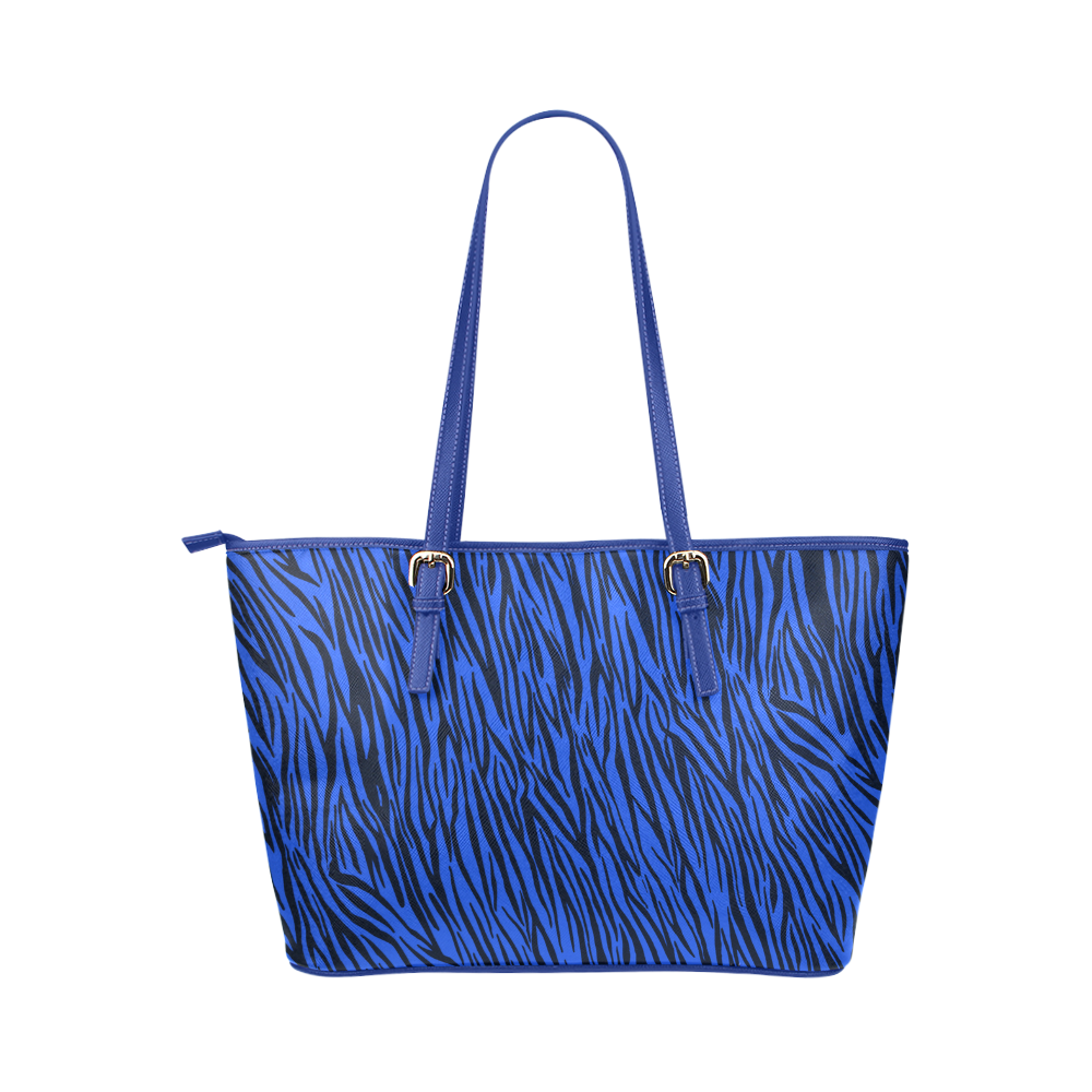 Blue Zebra Stripes Animal Print Fur Leather Tote Bag/Large (Model 1651)