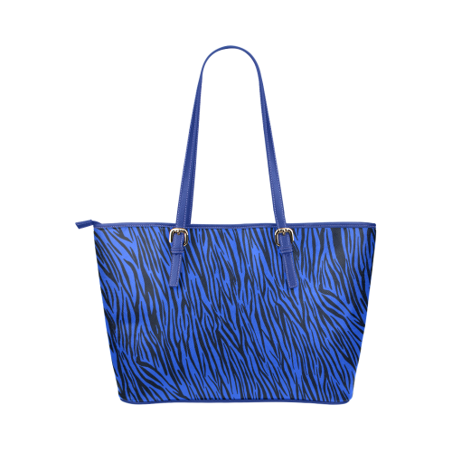 Blue Zebra Stripes Animal Print Fur Leather Tote Bag/Large (Model 1651)