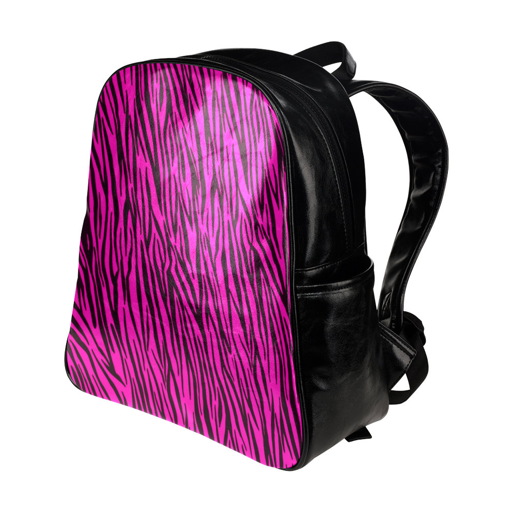 Hot Pink Zebra Stripes Animal Print Fur Multi-Pockets Backpack (Model 1636)