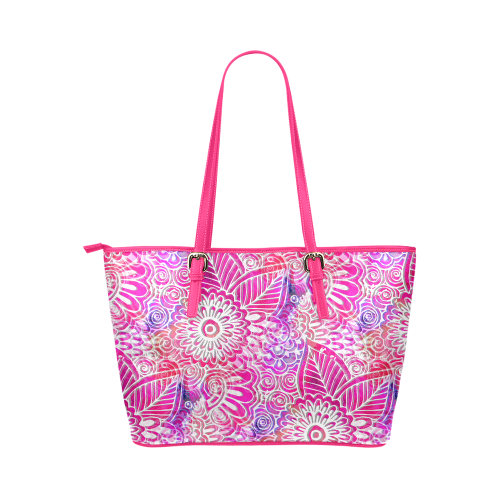 Pink Boho Flowers Leather Tote Bag/Small (Model 1651)