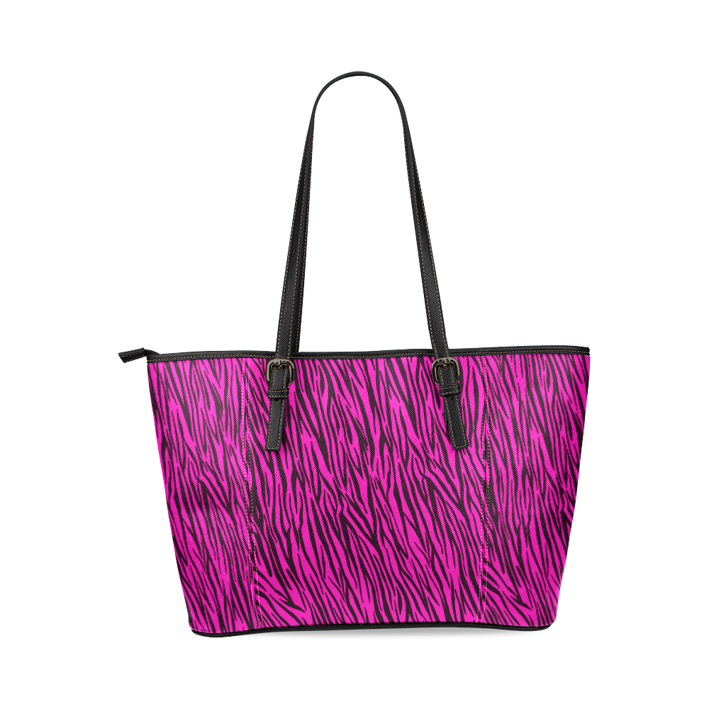 Hot Pink Zebra Stripes Animal Print Fur Leather Tote Bag/Large (Model 1640)