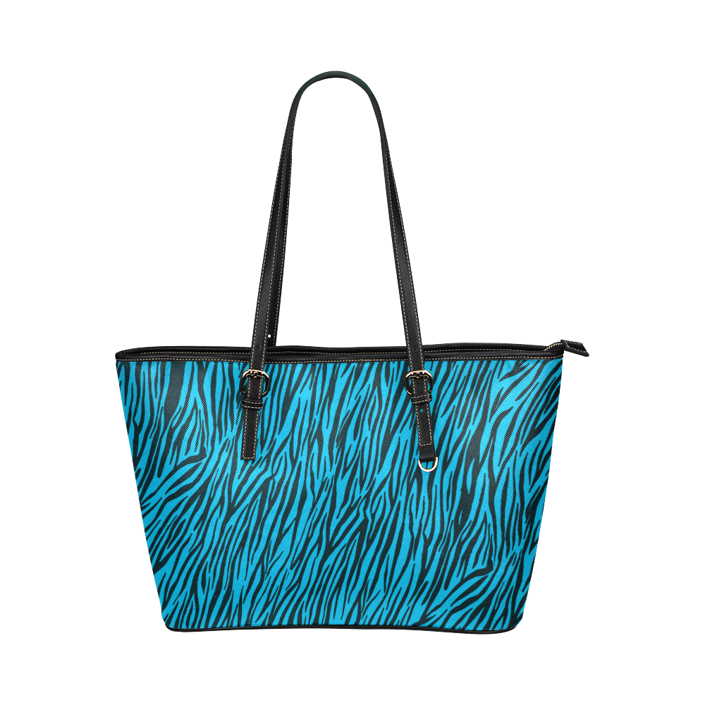 Blue Zebra Stripes Animal Print Fur Leather Tote Bag/Small (Model 1651)