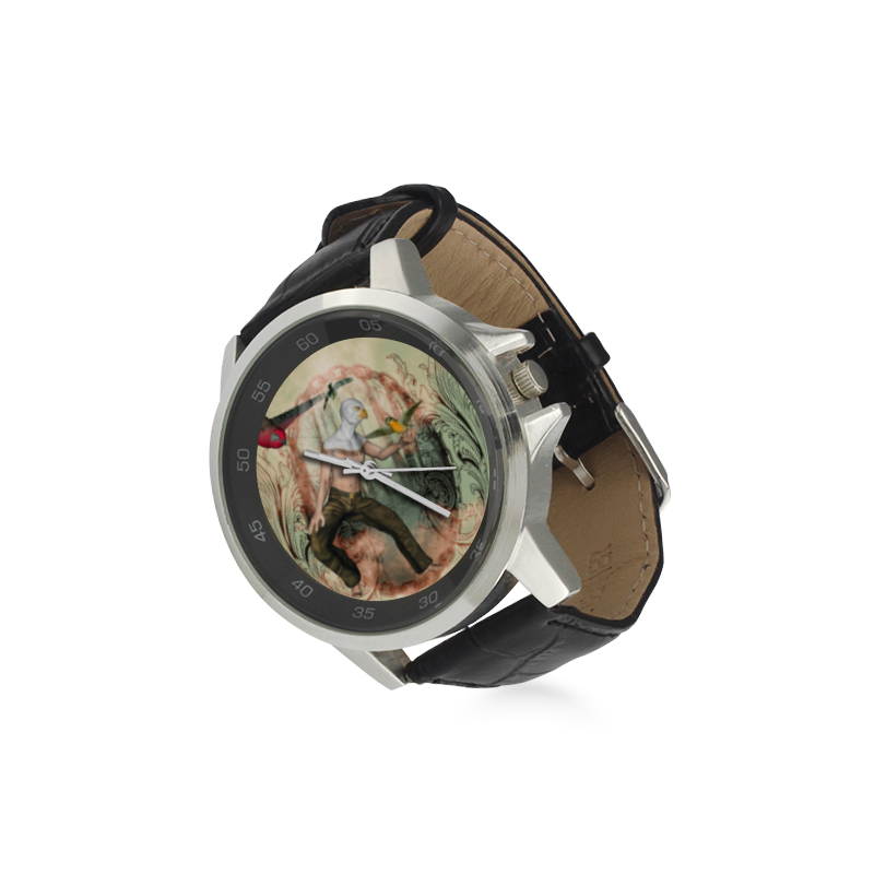 The birdman with birds Unisex Stainless Steel Leather Strap Watch(Model 202)