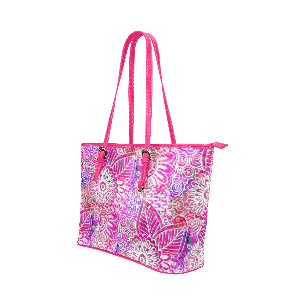 Pink Boho Flowers Leather Tote Bag/Small (Model 1651)