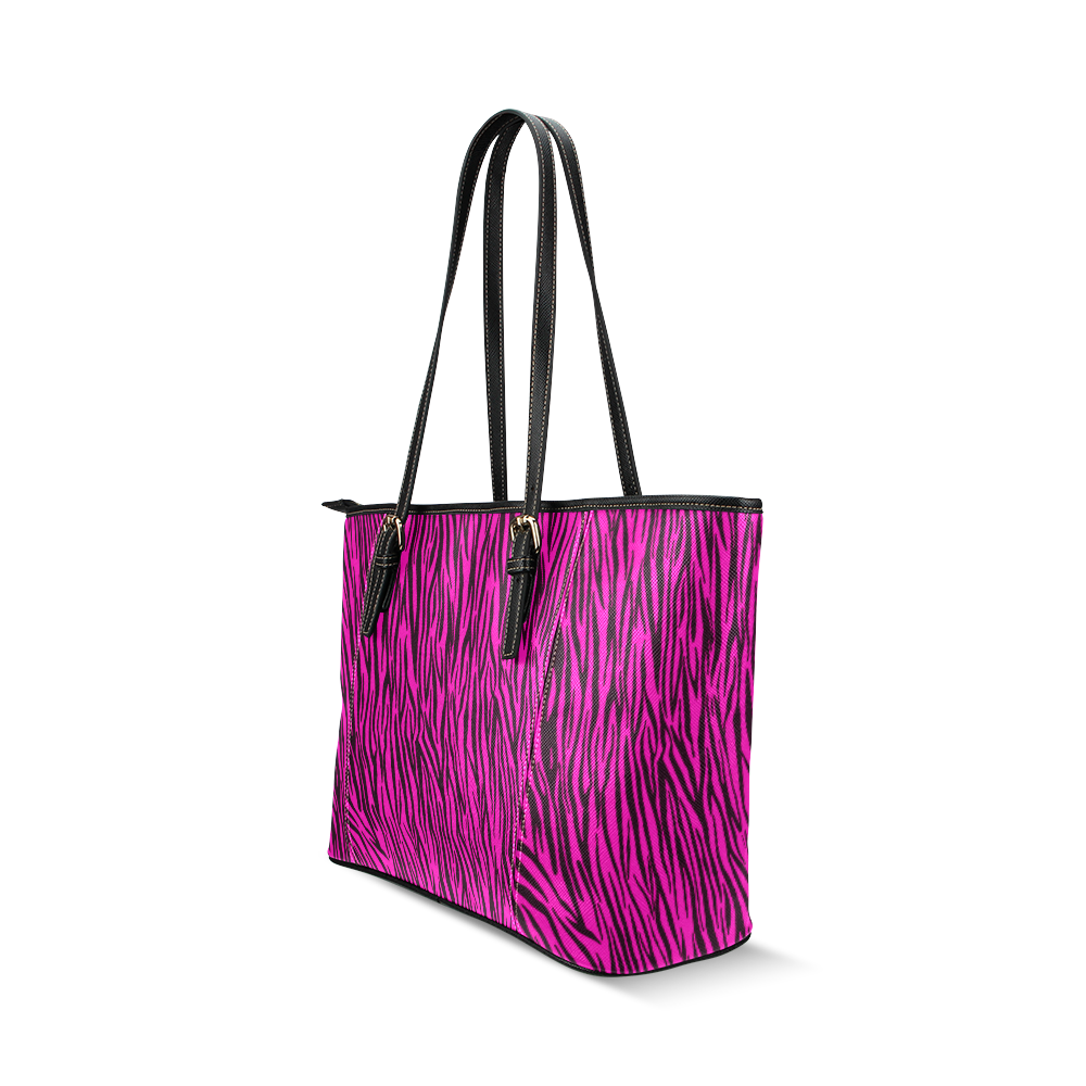 Hot Pink Zebra Stripes Animal Print Fur Leather Tote Bag/Large (Model 1640)