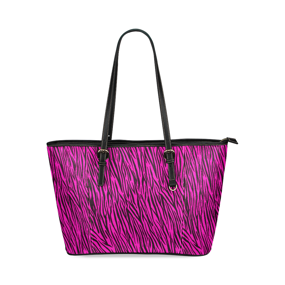 Hot Pink Zebra Stripes Animal Print Fur Leather Tote Bag/Large (Model 1640)