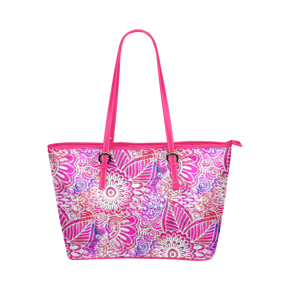 Pink Boho Flowers Leather Tote Bag/Large (Model 1651)