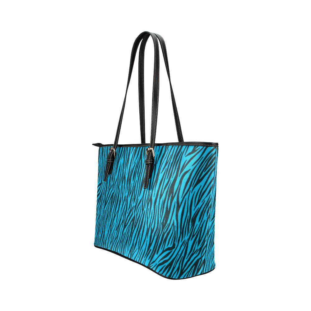 Blue Zebra Stripes Animal Print Fur Leather Tote Bag/Small (Model 1651)