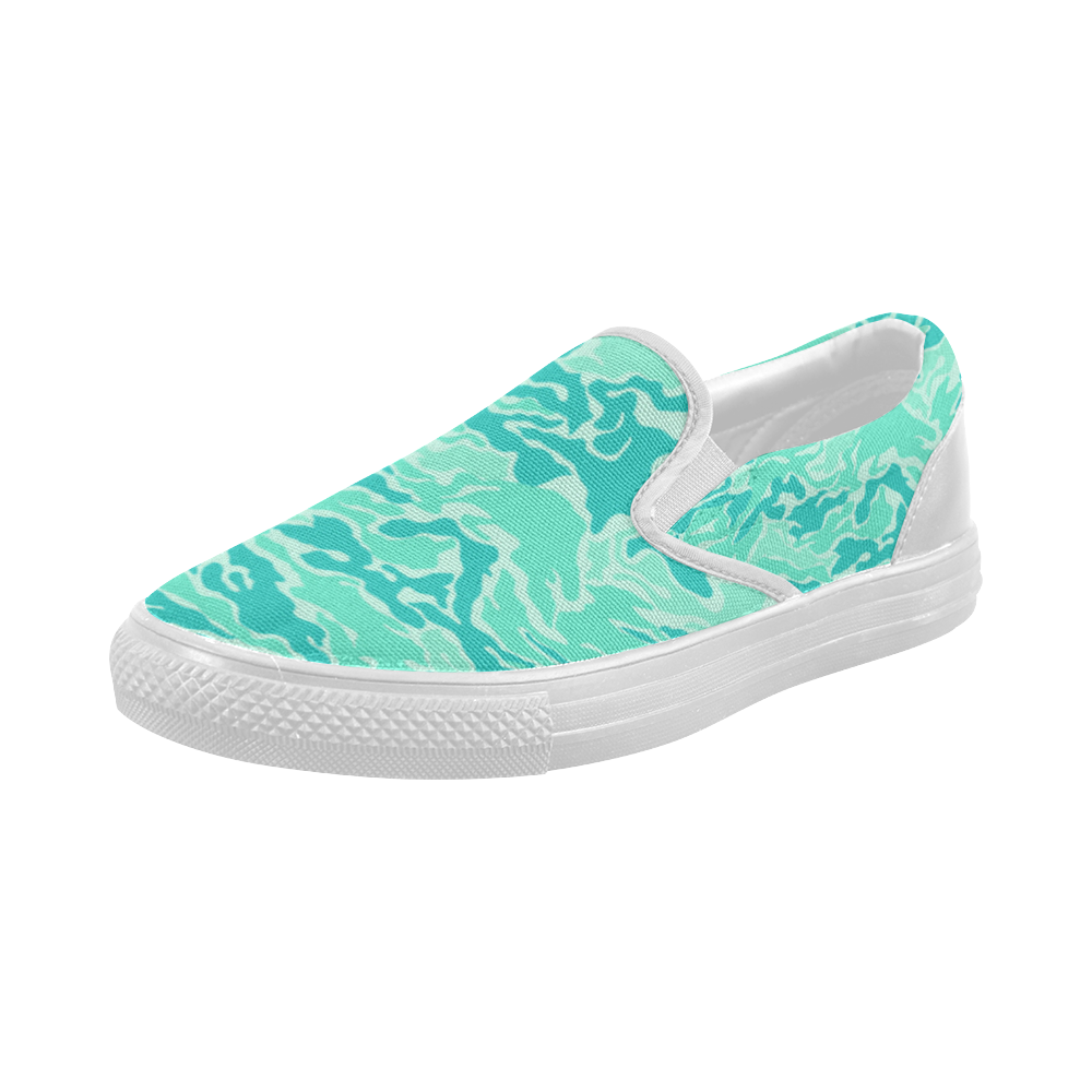 Camo Turquoise Camouflage Pattern Print Women's Slip-on Canvas Shoes (Model 019)