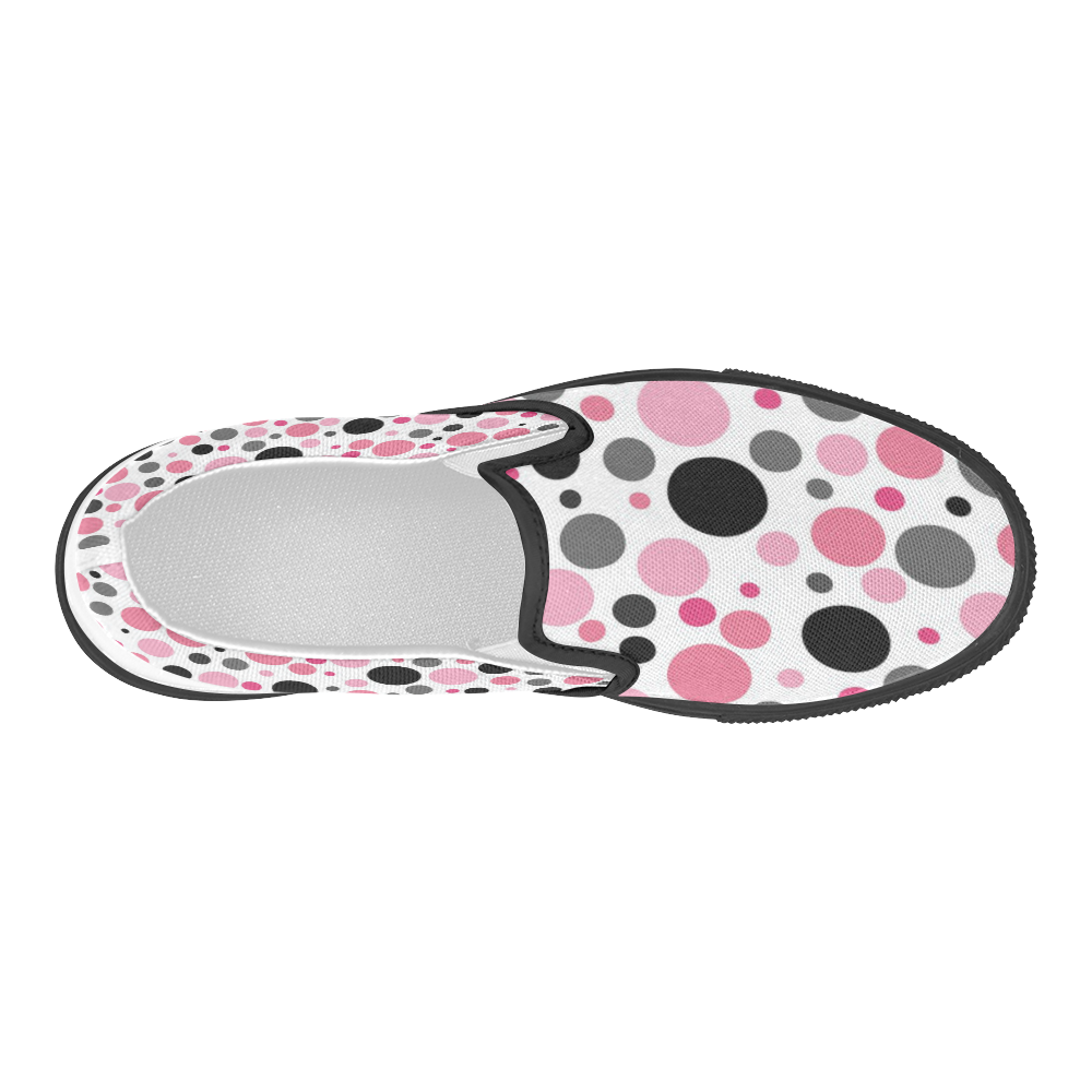 pink gray and black polka dots Women's Slip-on Canvas Shoes (Model 019)
