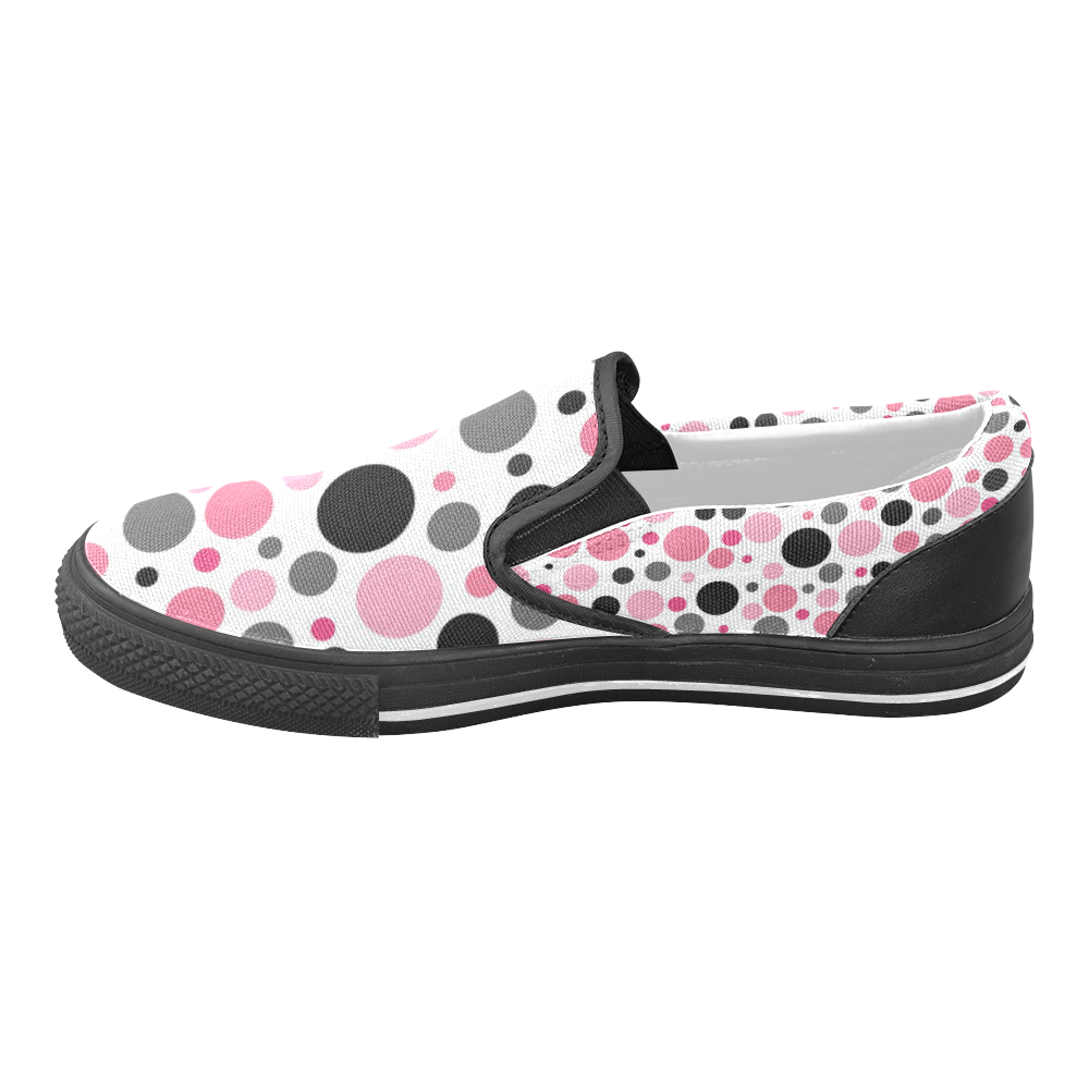 pink gray and black polka dots Women's Unusual Slip-on Canvas Shoes (Model 019)